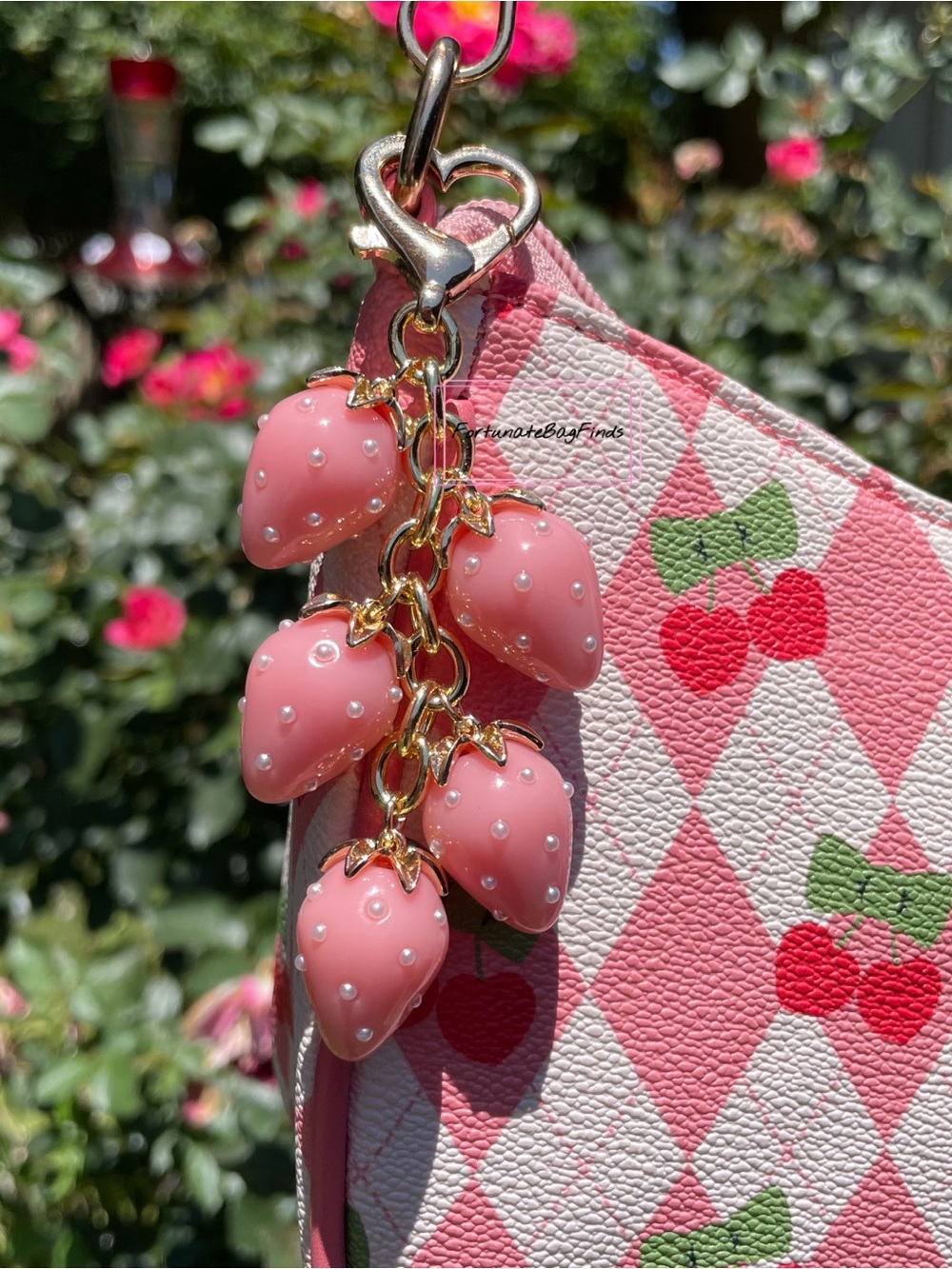 Pink Pearl Heart Strawberry Cluster Charm Coquette Cute Kawaii Bag Purse Charm - Picture 4 of 7